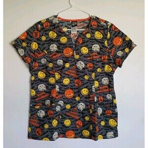 Halloween Scrub Top Cartoon Mummy Pumpkin Bats Emoji Smiley Face Women's Size L